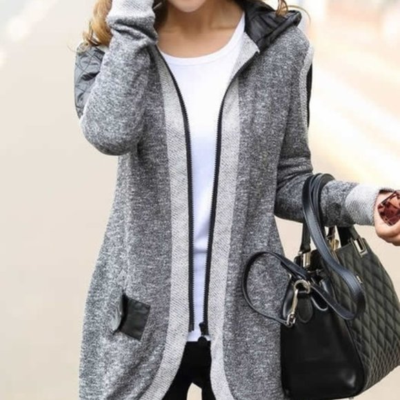 Sweaters - Zippered Hooded Cardigan Sweater Jacket - Blue XL